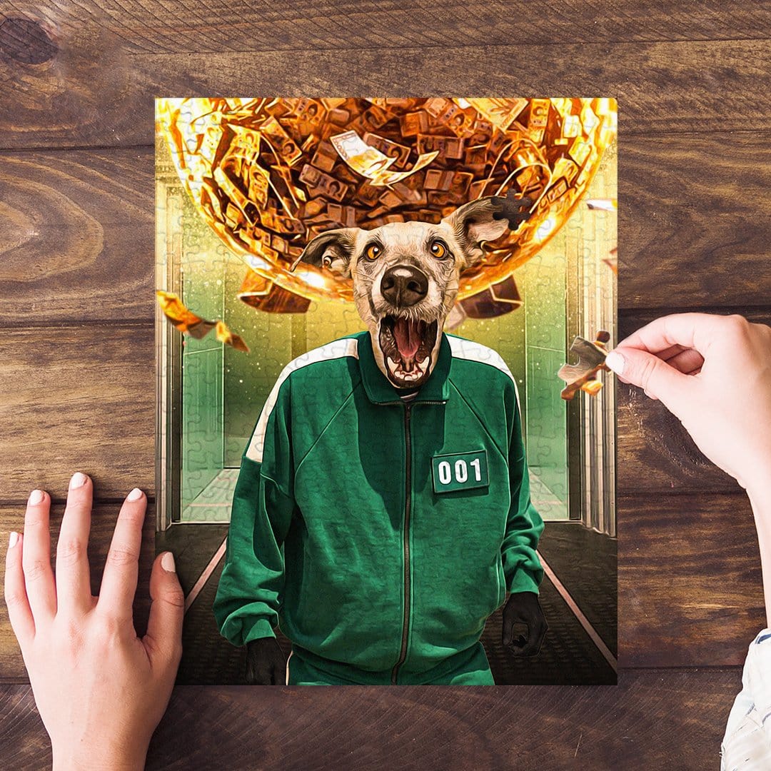Personalized pet puzzle featuring a dog in a green tracksuit, inspired by Squid Game.