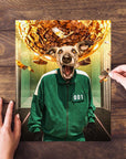 Personalized pet puzzle featuring a dog in a green tracksuit, inspired by Squid Game.