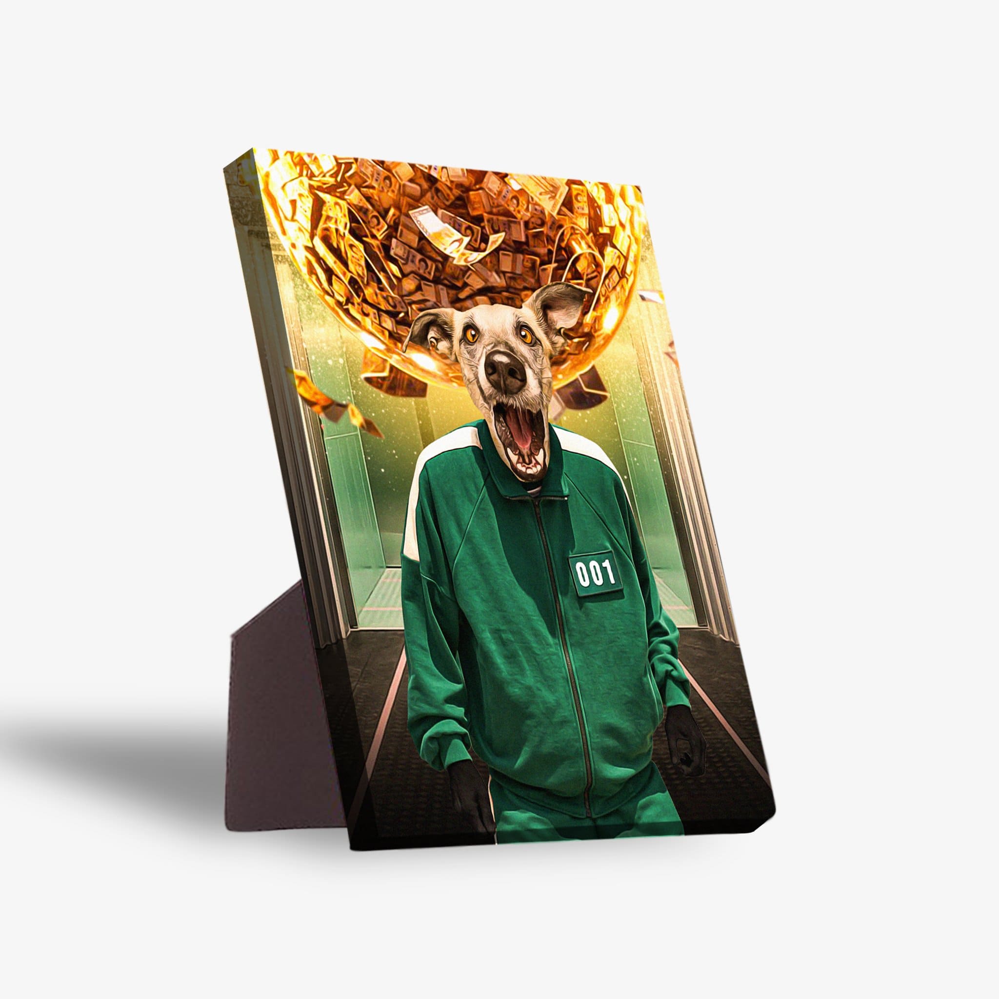 Personalized pet standing canvas featuring a dog in a green tracksuit with a money ball overhead.