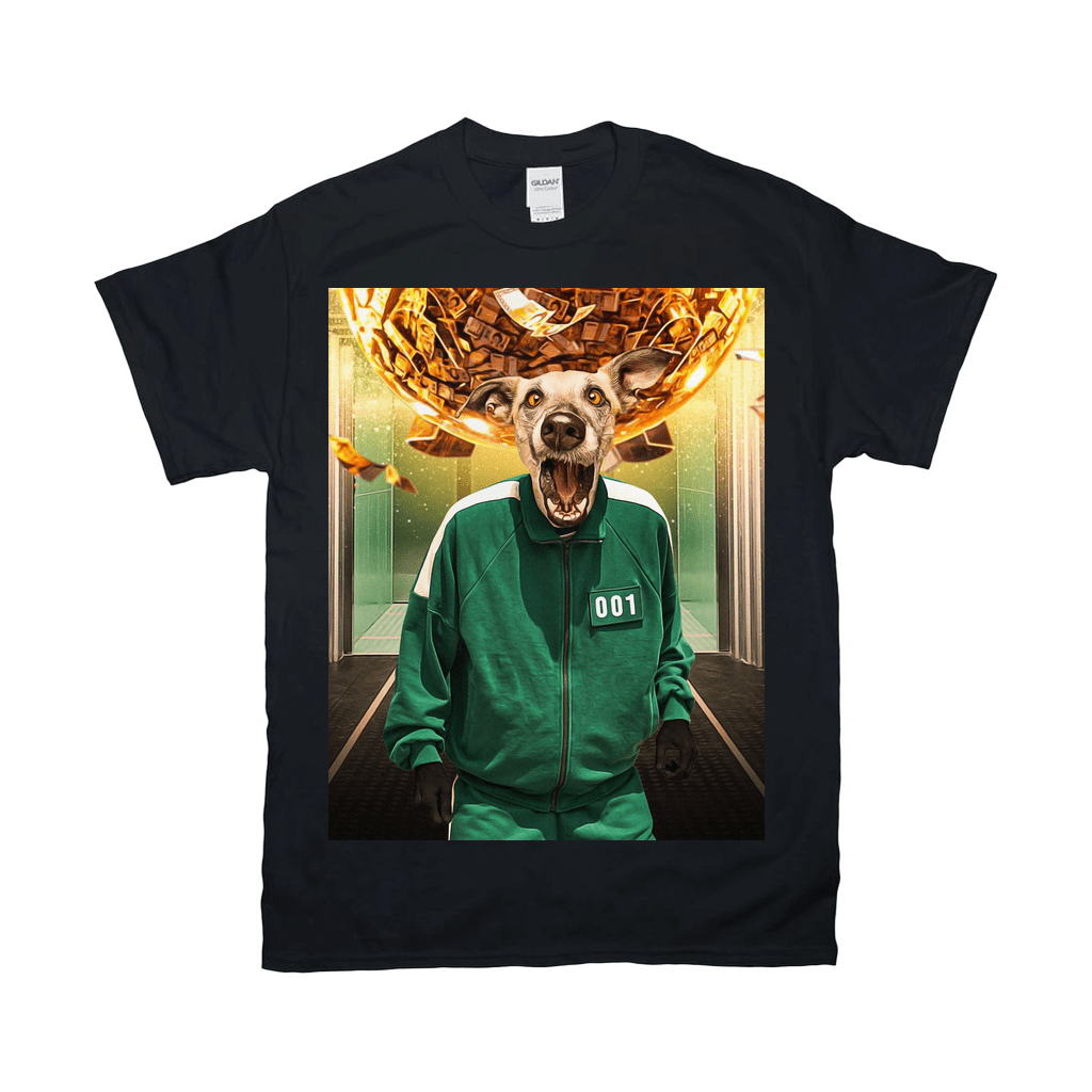 Black Gildan t-shirt with a personalized pet design featuring a dog's head on a person in a green tracksuit.