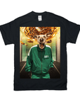 Black Gildan t-shirt with a personalized pet design featuring a dog's head on a person in a green tracksuit.