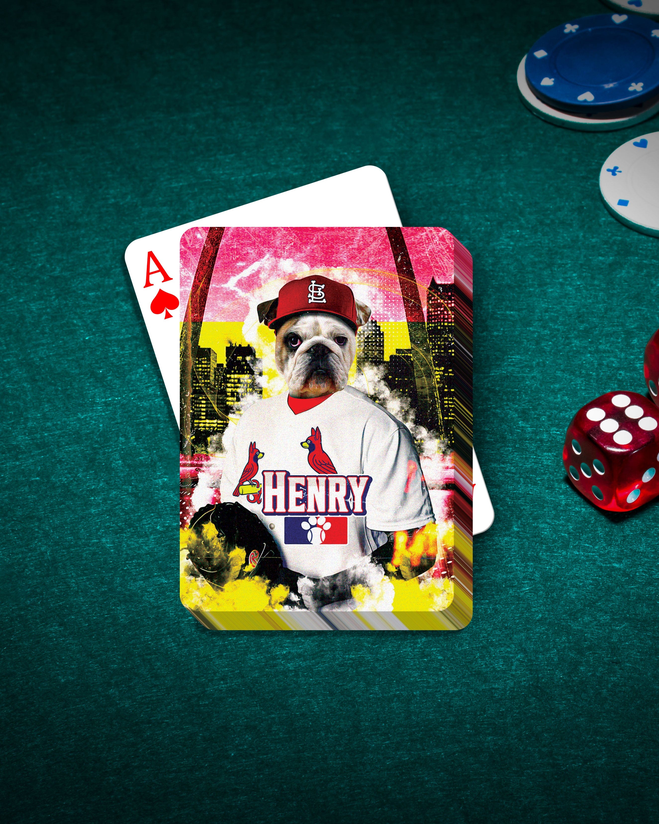 Personalized playing card featuring a bulldog in a St. Louis Cardinals baseball uniform on a green felt table.