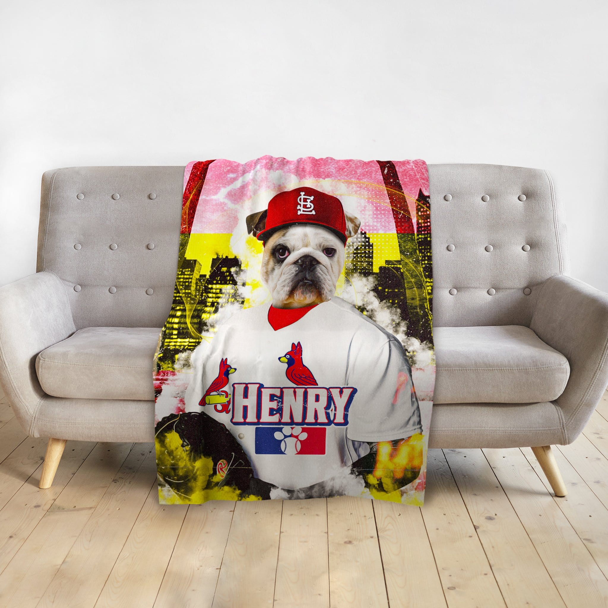 Personalized pet blanket featuring a bulldog in a St. Louis Cardinals baseball uniform with the name 'Henry'.