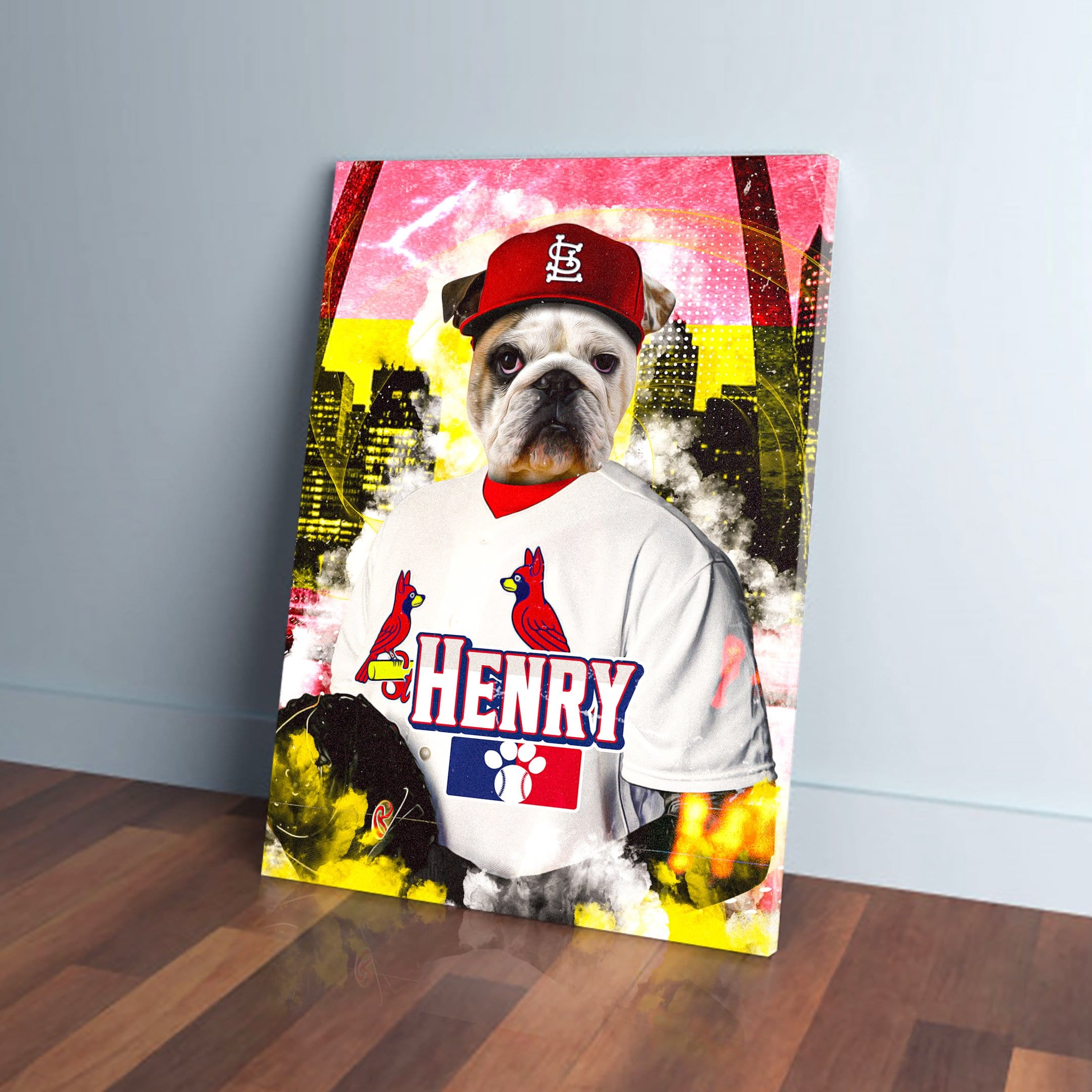 Custom pet canvas featuring a bulldog in a St. Louis Cardinals uniform, red cap, and "HENRY" on the jersey.
