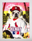 Personalized "St. Louis Cardipaws" pet poster featuring a bulldog in a baseball uniform and cap.