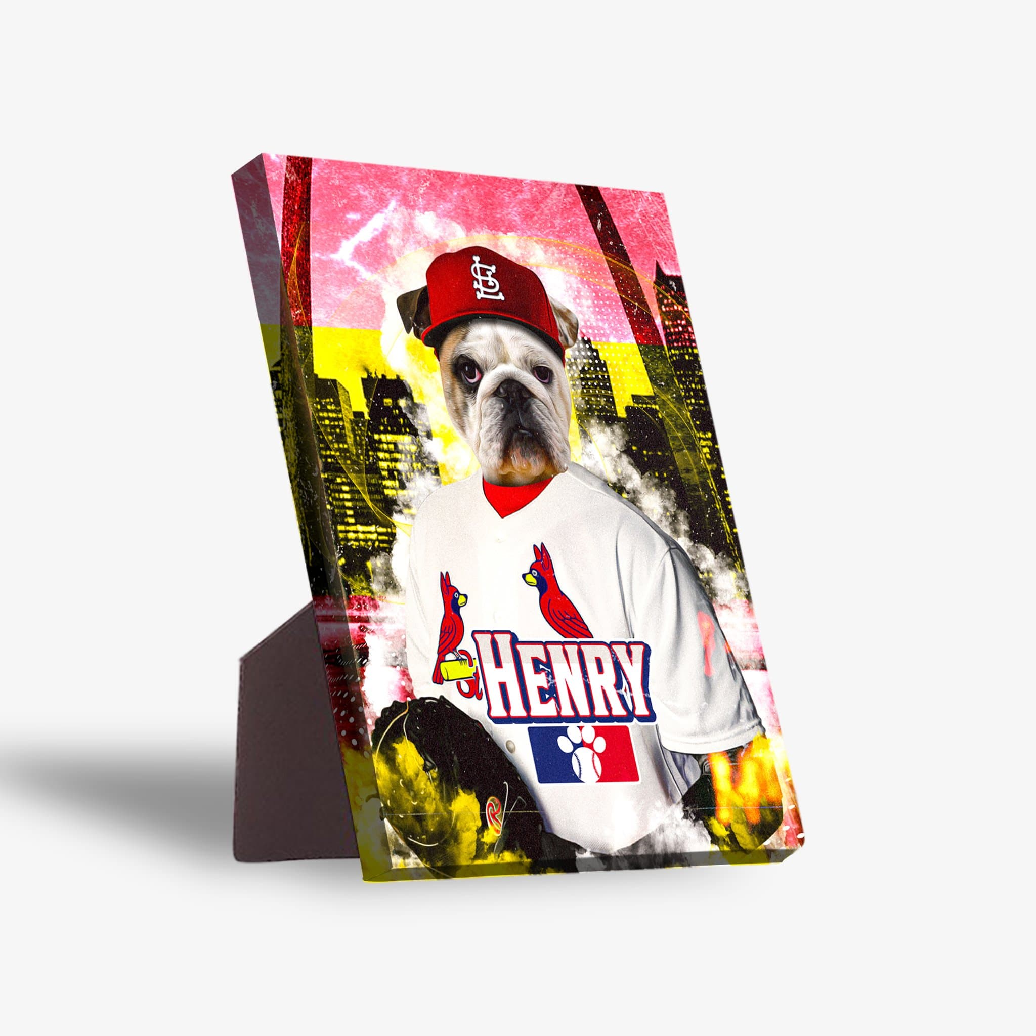 Personalized pet bulldog portrait on a standing canvas, wearing a red baseball cap and white St. Louis Cardipaws jersey.