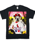 Black Gildan t-shirt with a bulldog in a St. Louis Cardipaws baseball uniform and "HENRY" name.