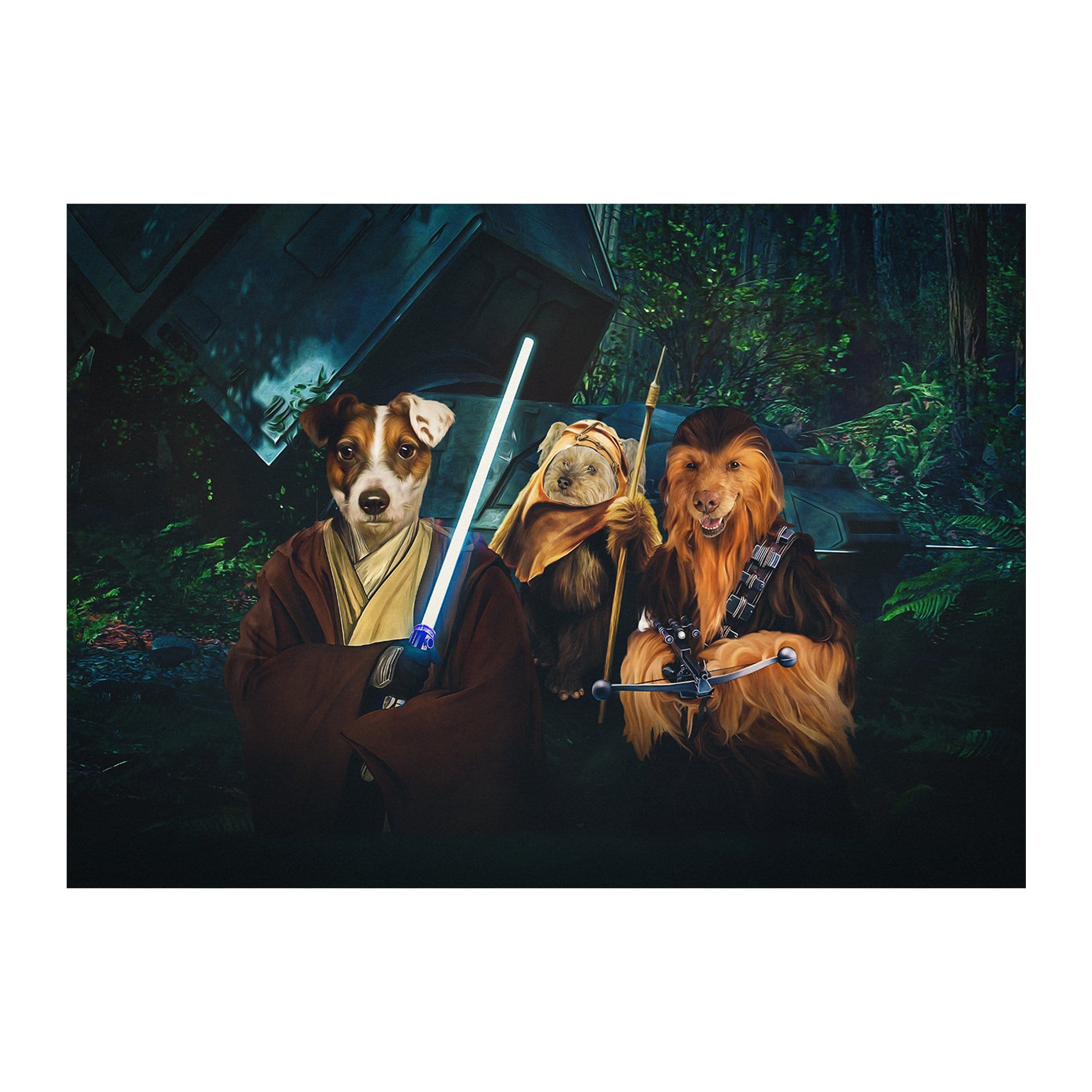 Custom digital portrait of three pets as Star Woofers characters in a forest scene.