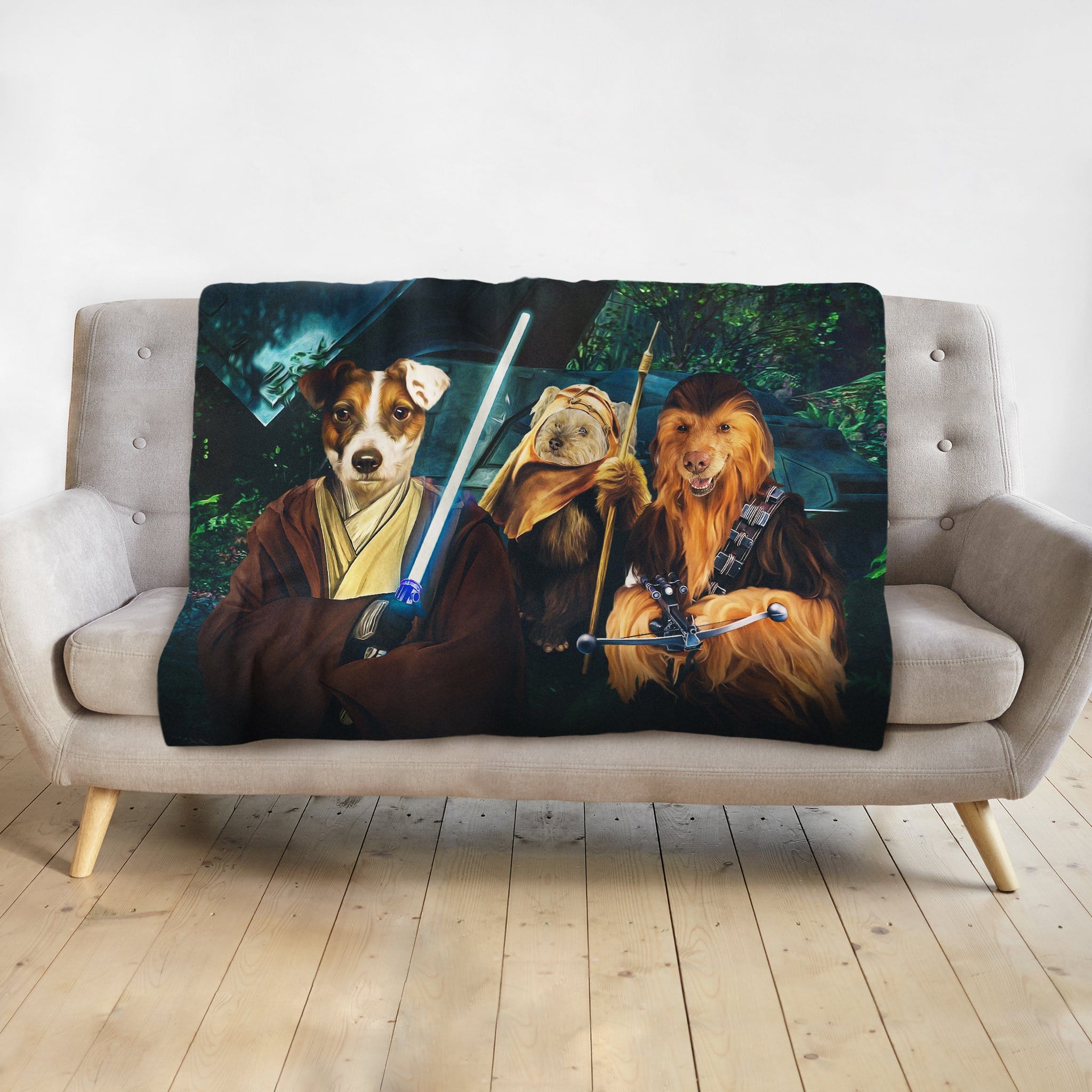 Personalized Star Woofers 2 blanket featuring three pets as Star Wars characters on a gray couch.