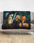 Personalized Star Woofers 2 blanket featuring three pets as Star Wars characters on a gray couch.