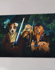 Personalized Star Woofers 2 canvas featuring three pets as Star Wars characters: a dog Jedi, an Ewok, and a Chewbacca dog.