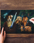 Personalized Star Woofers 2 pet puzzle featuring three dogs as Star Wars characters, on a wooden table.