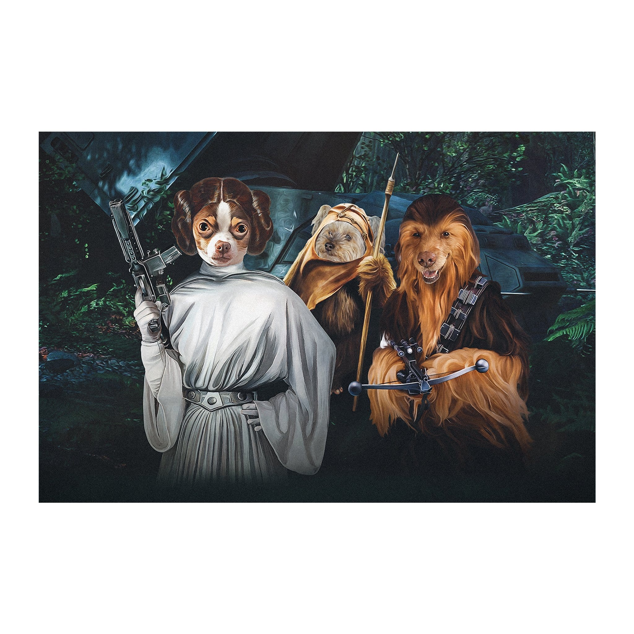 Custom Star Woofers 3 pet digital portrait featuring a dog as Leia, an Ewok, and a dog as Chewbacca.