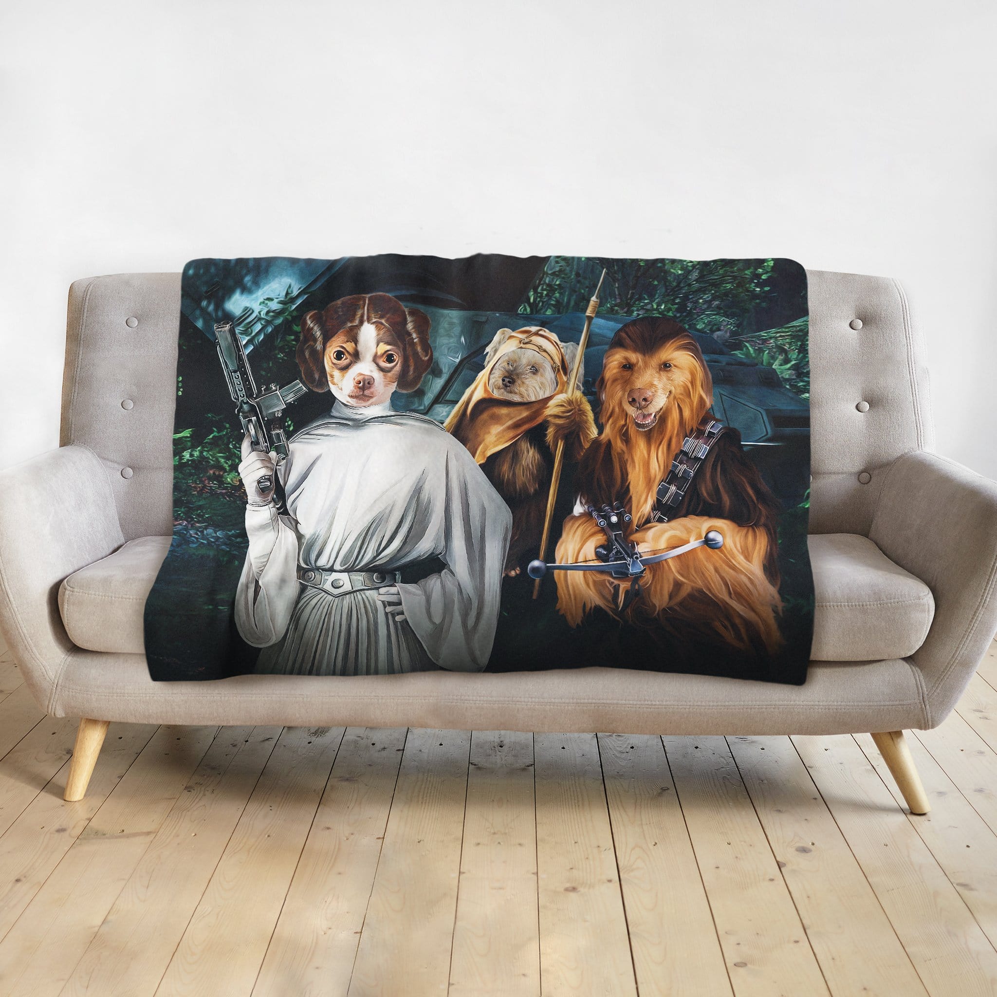 Personalized 3 pet blanket with dogs as Star Wars characters, including Princess Leia, Ewok, and Chewbacca.