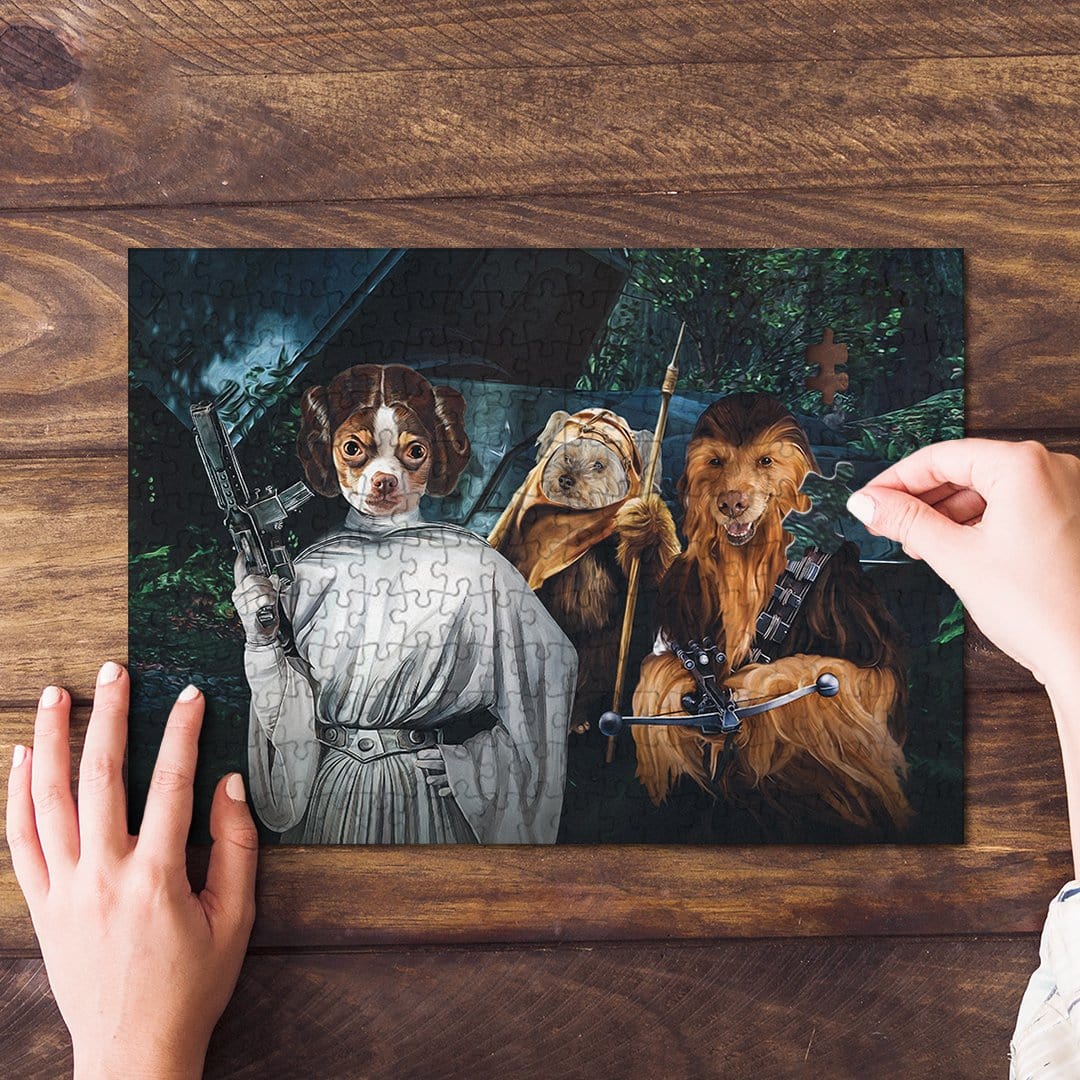 Personalized Star Woofers 3 pet puzzle featuring three dogs as Star Wars characters.