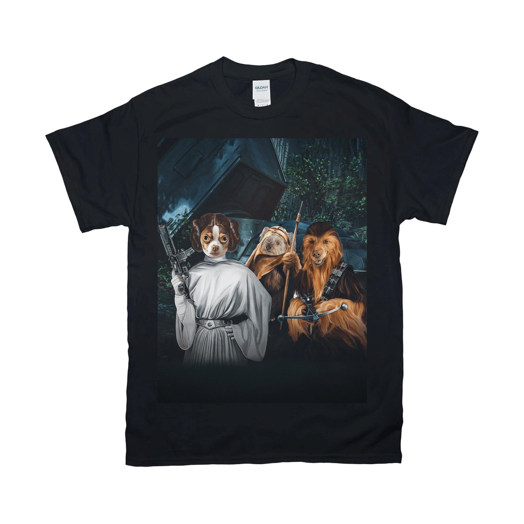 Black Gildan t-shirt with a "Star Woofers 3" personalized pet design featuring three pets dressed as Star Wars characters.