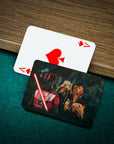 Personalized playing cards featuring custom pet portraits in Star Wars-themed costumes, on a green felt surface.