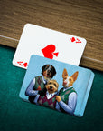 Custom personalized playing cards featuring three pets in renaissance-style attire on a green felt table.