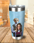 Personalized stainless steel tumbler with a custom portrait of a woman and a dog in matching argyle sweaters.