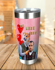 Personalized stainless steel tumbler with a custom cartoon portrait of a dog and human in sweaters, red heart balloons, and "WE LOVE YOU" text.