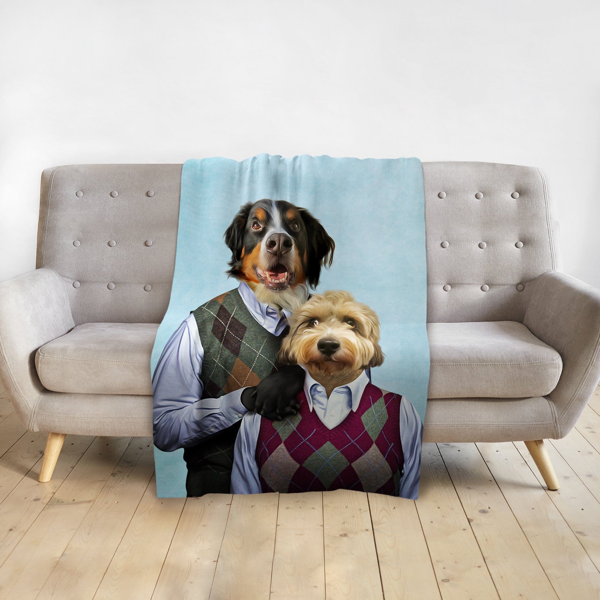 Personalized 2 pet blanket with Bernese Mountain Dog and Golden Doodle in argyle sweaters.