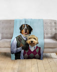 Personalized 2 pet blanket with Bernese Mountain Dog and Golden Doodle in argyle sweaters.