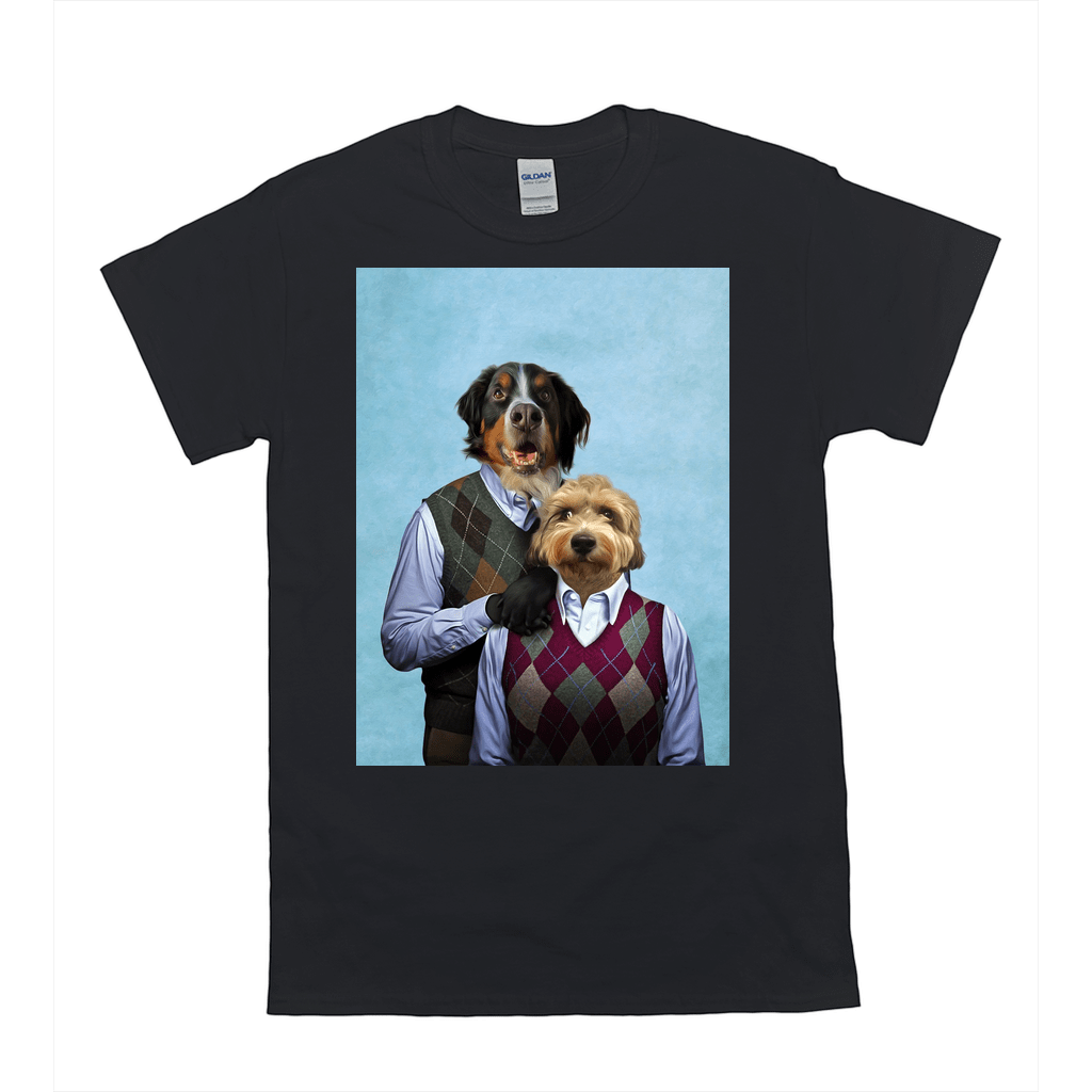 Black Gildan t-shirt with two personalized pet portraits dressed in argyle sweaters.