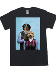 Black Gildan t-shirt with two personalized pet portraits dressed in argyle sweaters.