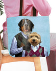 Personalized 2-pet tote bag with custom renaissance-style dog portraits on a light blue background.