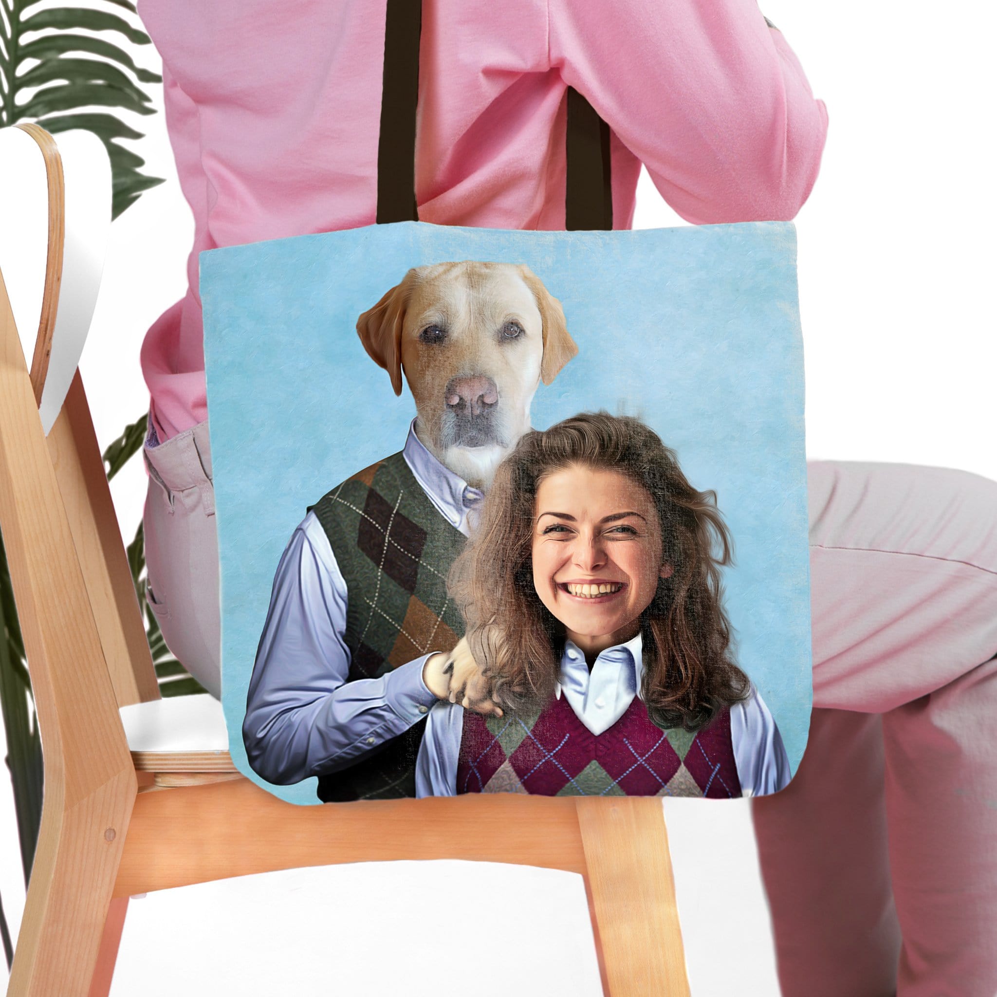 Personalized tote bag with a custom renaissance portrait of a golden retriever and a human female.