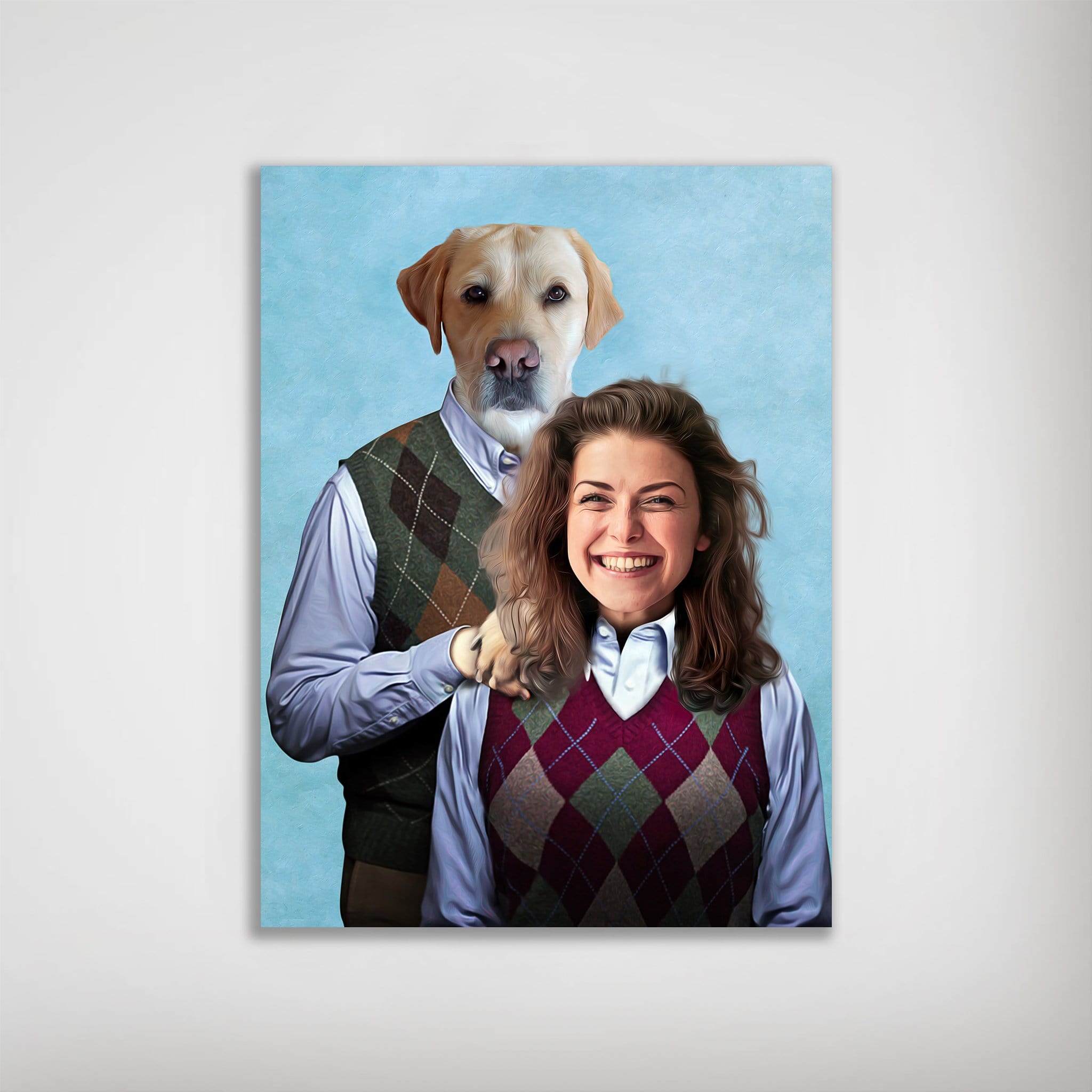 Personalized "Step Doggo & Human Female" poster featuring a woman and a Labrador in argyle sweaters.