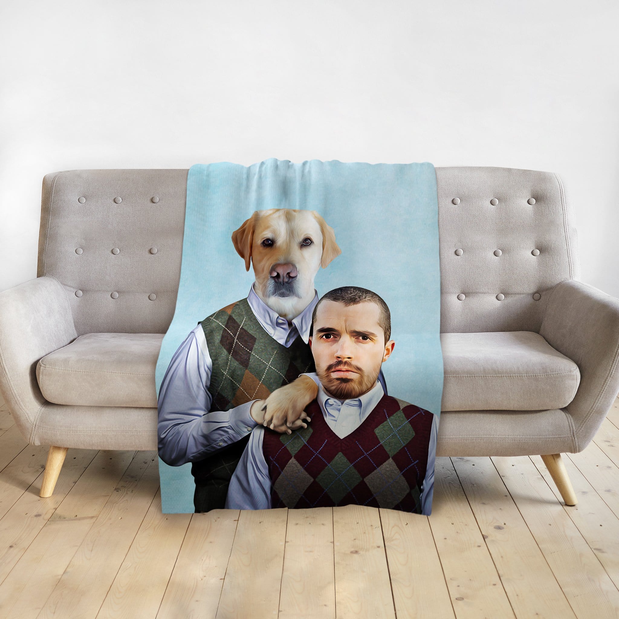 Personalized minky blanket with a custom "Step Doggo & Human" portrait of a man and a yellow lab.