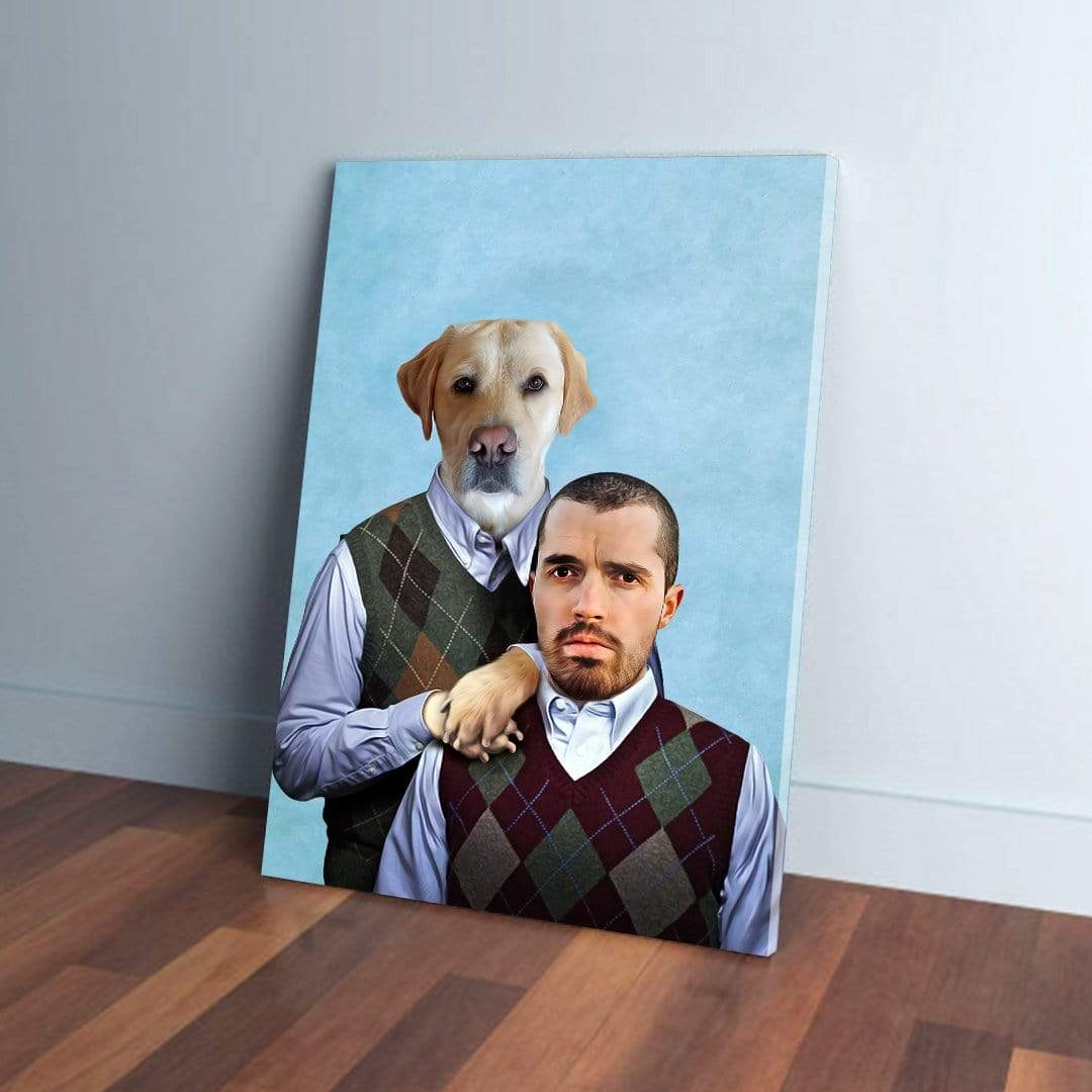 Personalized canvas featuring a man and a golden retriever in matching argyle sweater vests against a blue background.