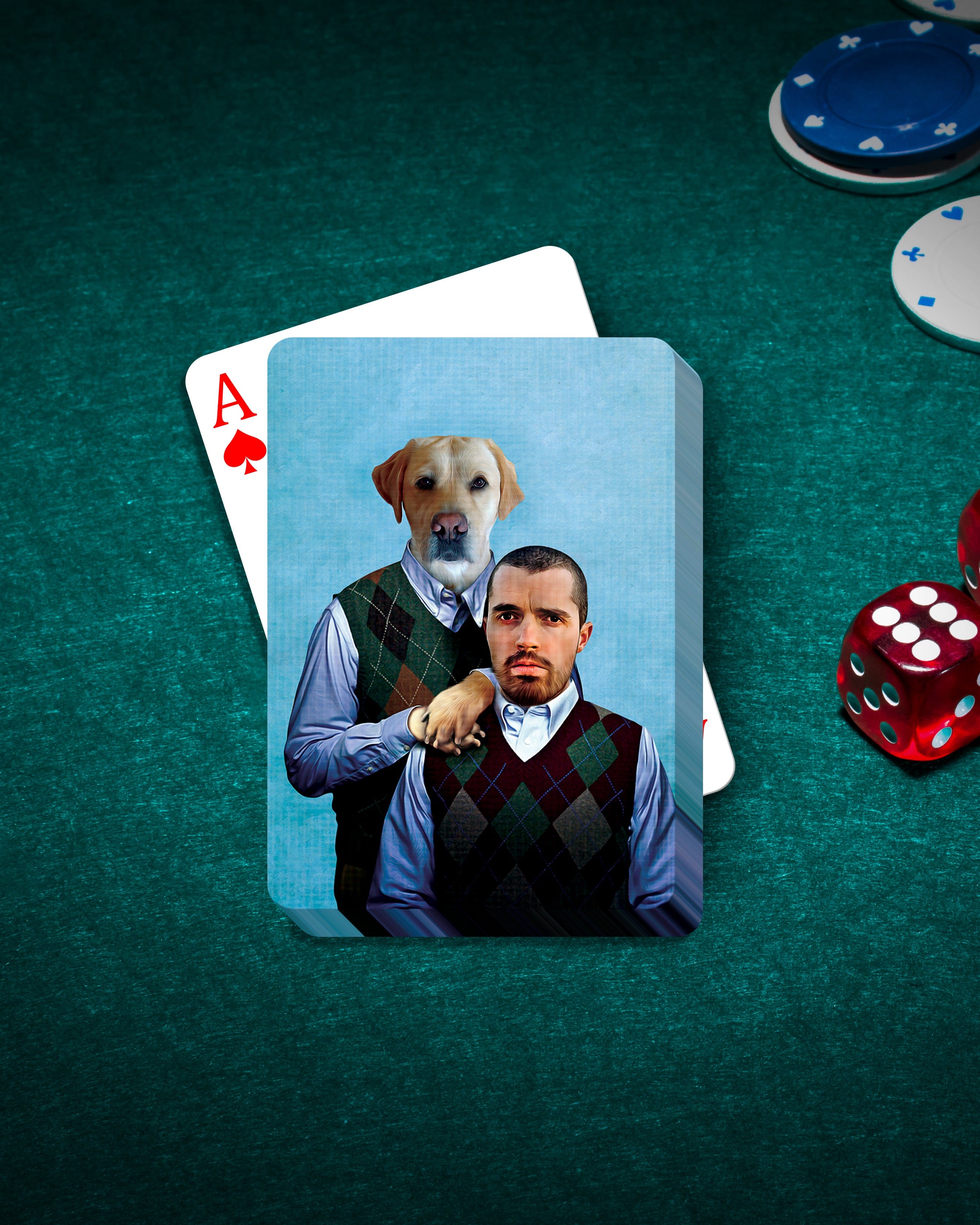 Personalized playing cards featuring a custom portrait of a man and his golden retriever dog in argyle sweaters.