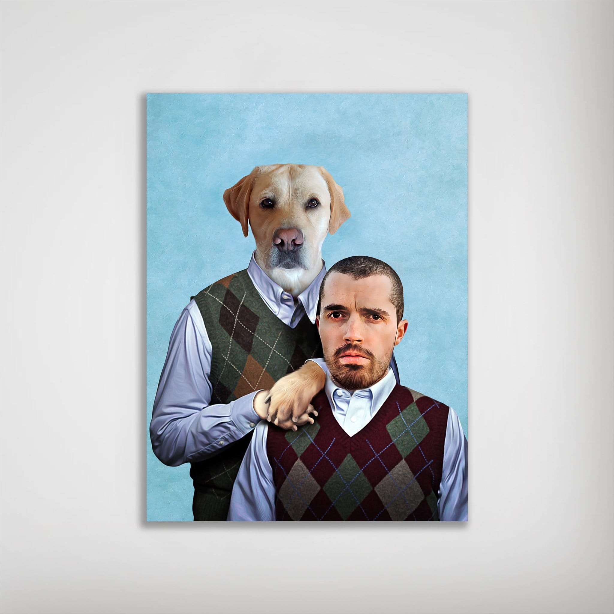 Personalized 'Step Doggo & Human' poster featuring a man and a golden retriever in matching argyle sweaters.