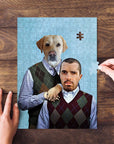 Personalized puzzle featuring a man and a yellow lab dog in argyle sweaters on a light blue background.