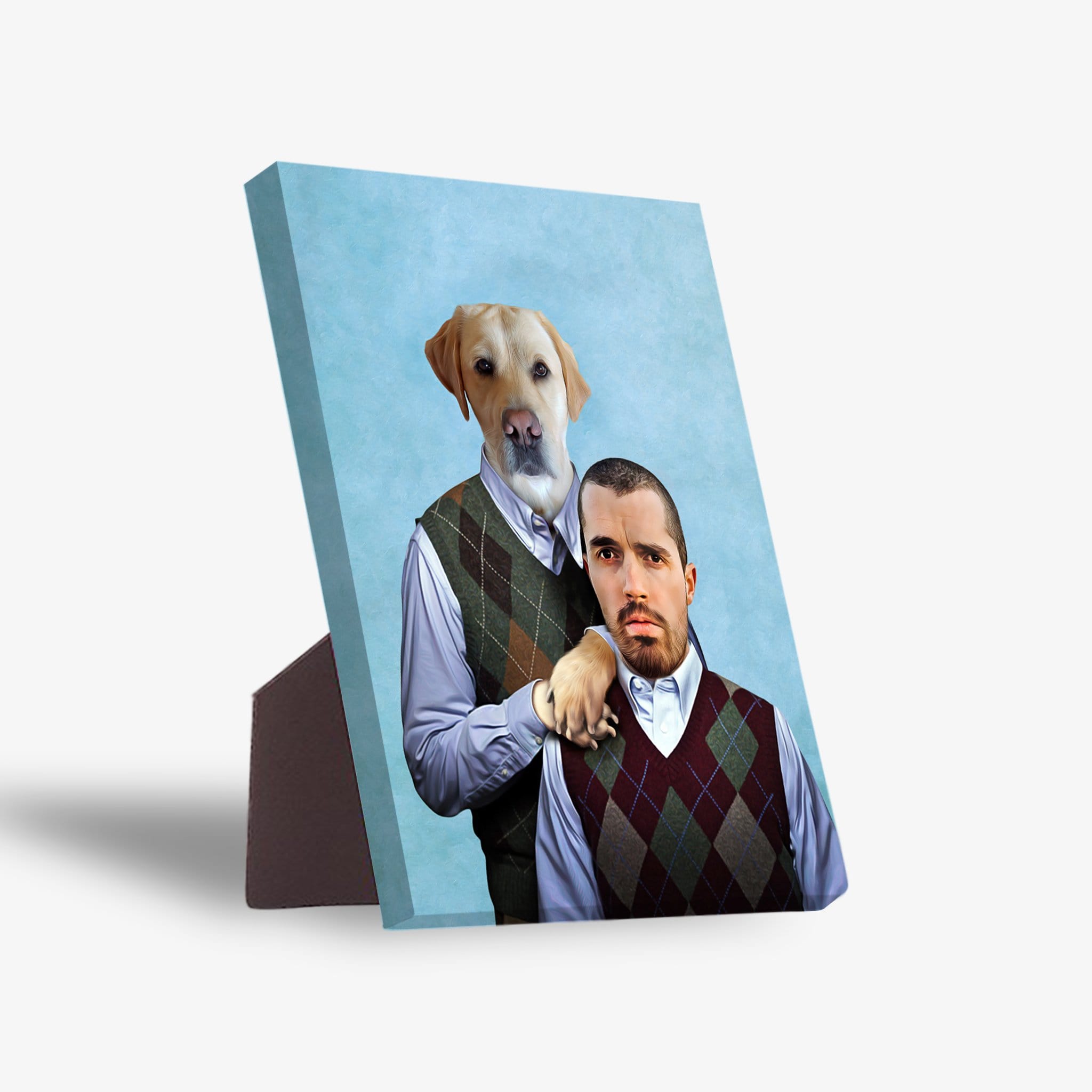 Personalized standing canvas featuring a dog and man in argyle sweaters on a light blue background.