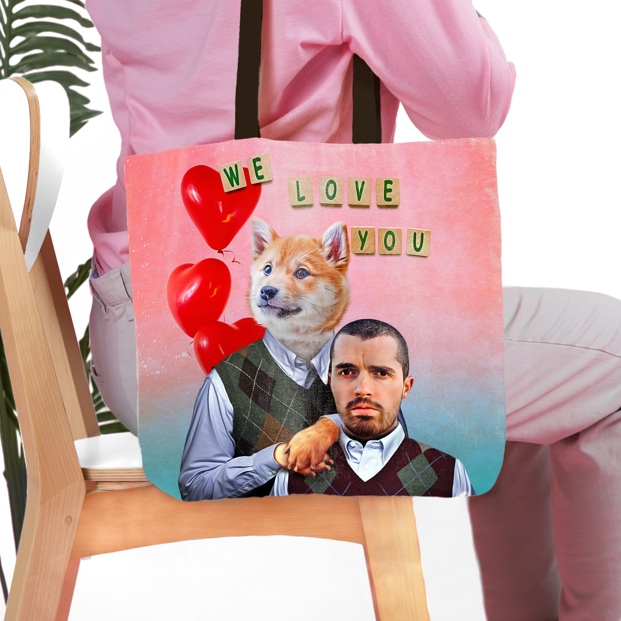 Personalized 'Step Doggo & Human Valentines Edition' tote bag with custom pet and human portraits, red balloons, and "WE LOVE YOU" text.