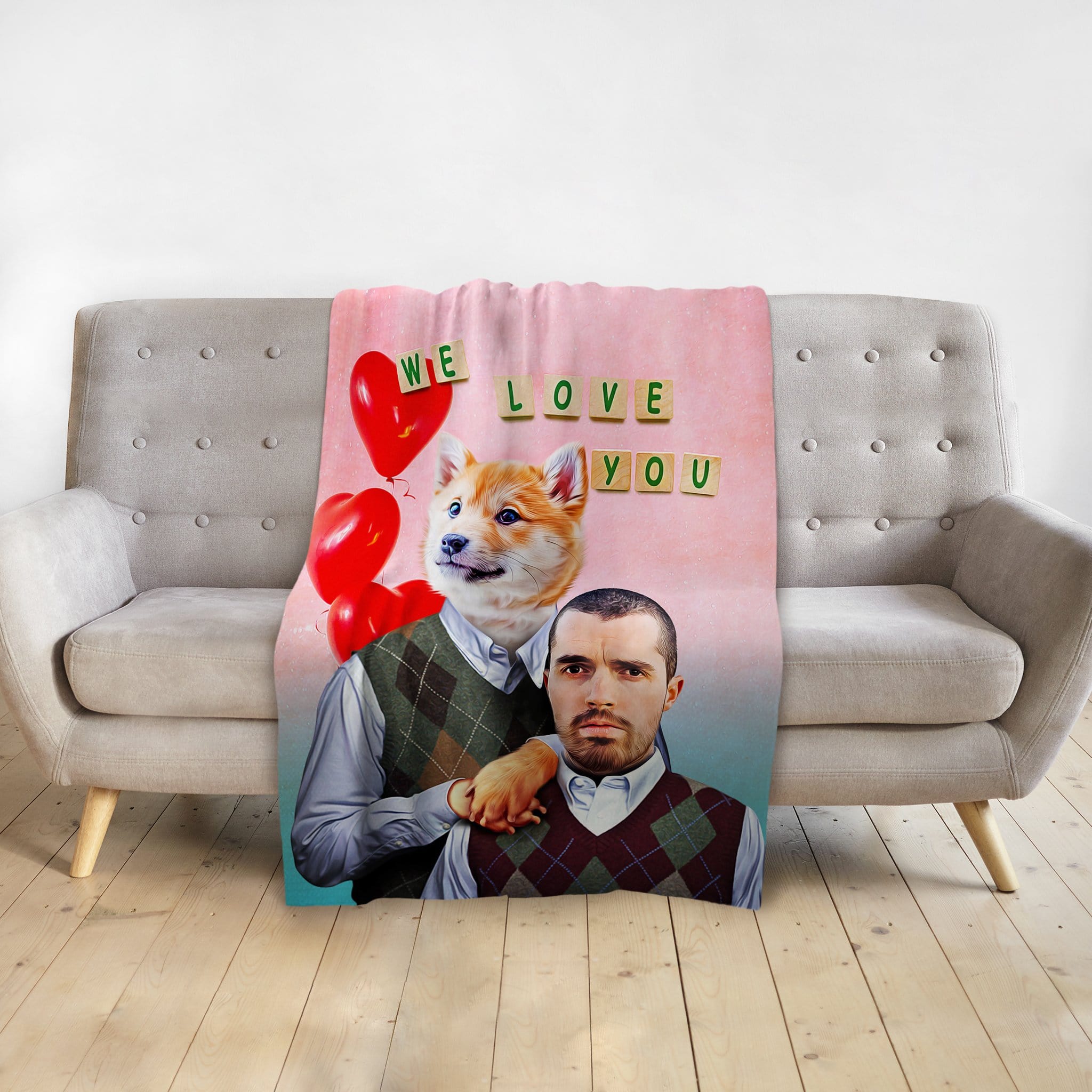 Personalized pink blanket with a custom renaissance portrait of a corgi and man, "WE LOVE YOU" text, and red heart balloons.