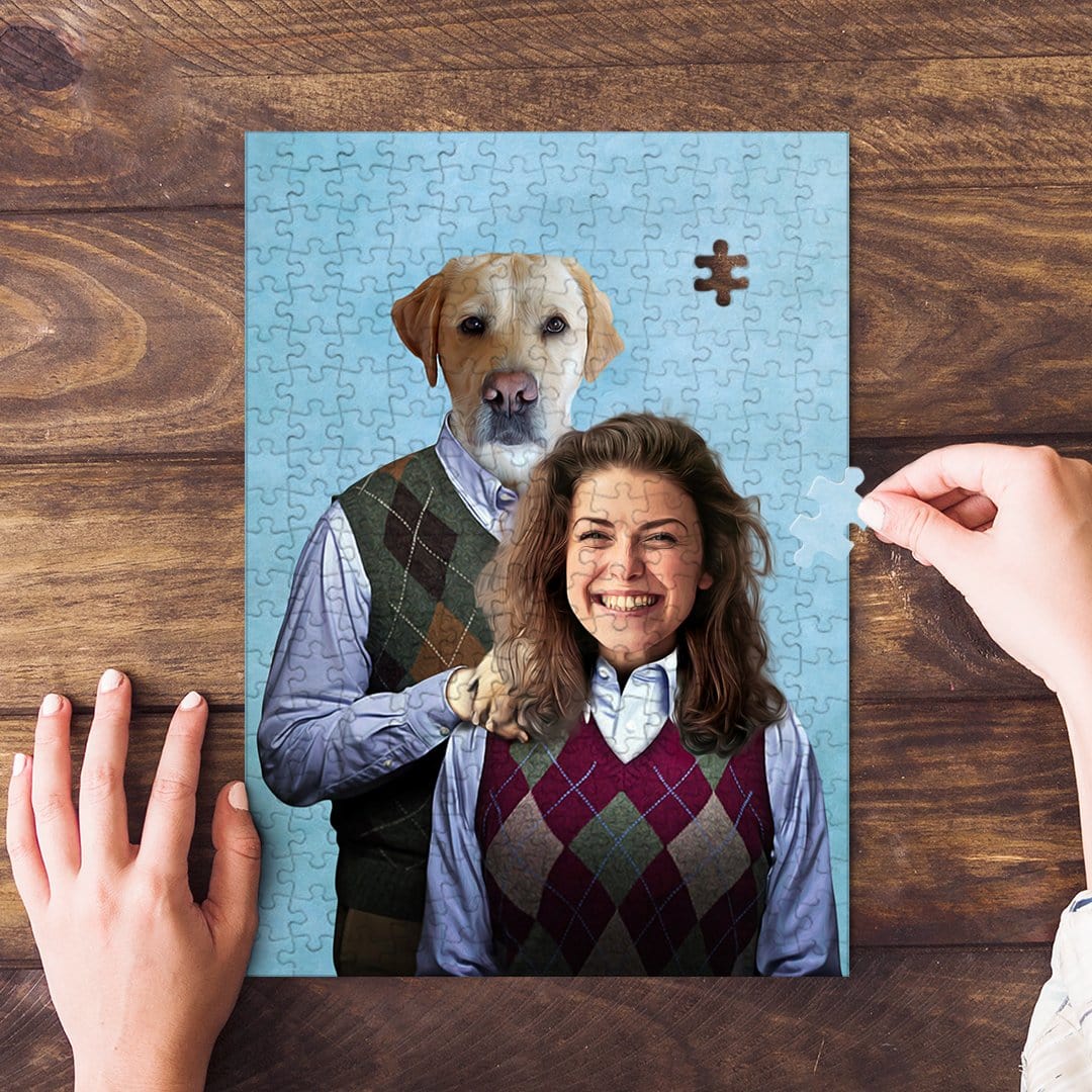 Personalized puzzle featuring a dog and a smiling woman in argyle sweaters on a blue background.