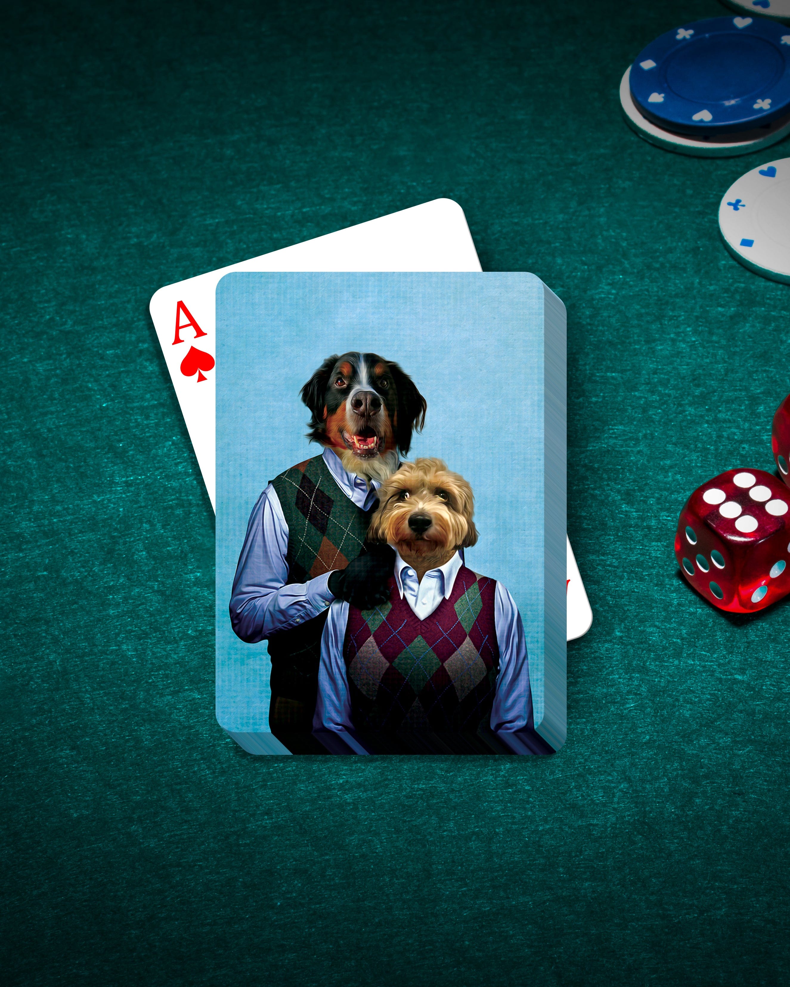 Personalized playing cards featuring two dogs in renaissance-style attire on a green poker table with chips and dice.
