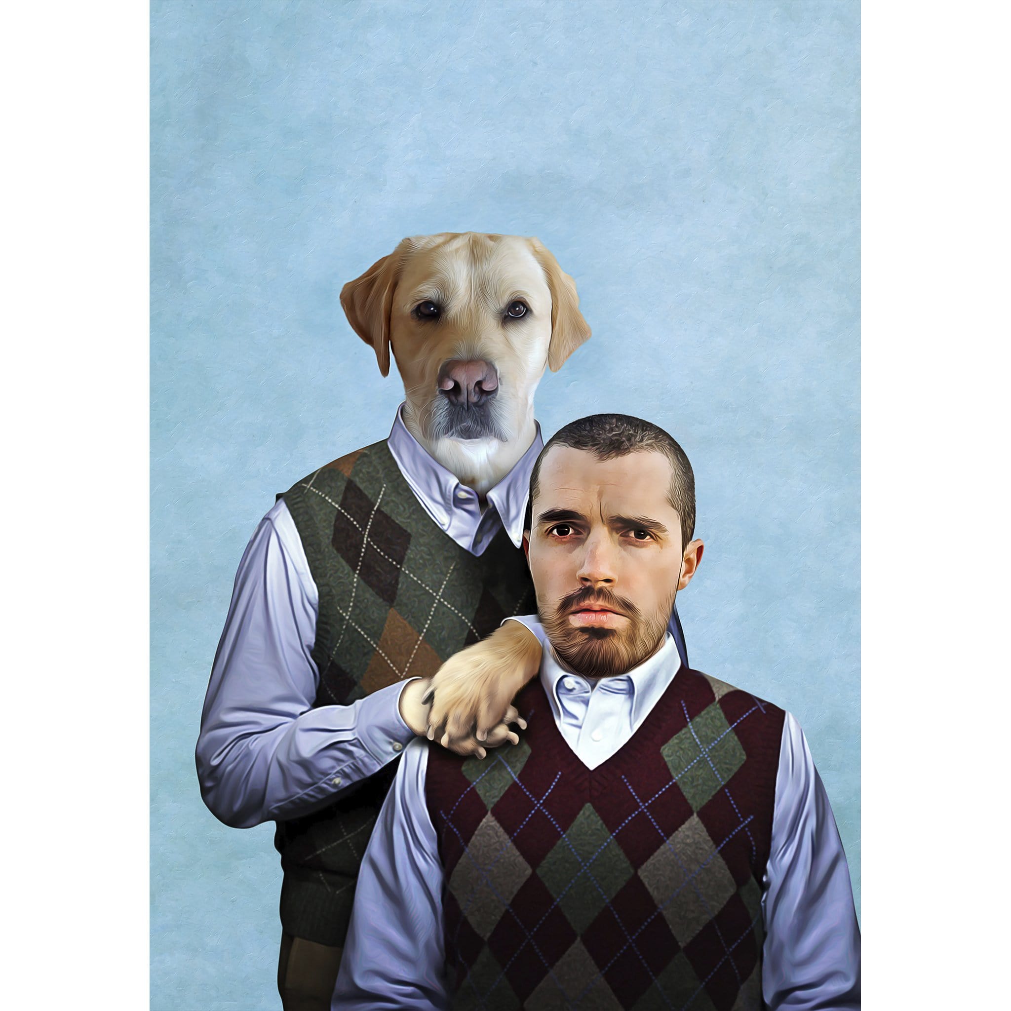 Custom digital portrait of a man and a golden retriever in matching argyle sweater vests.