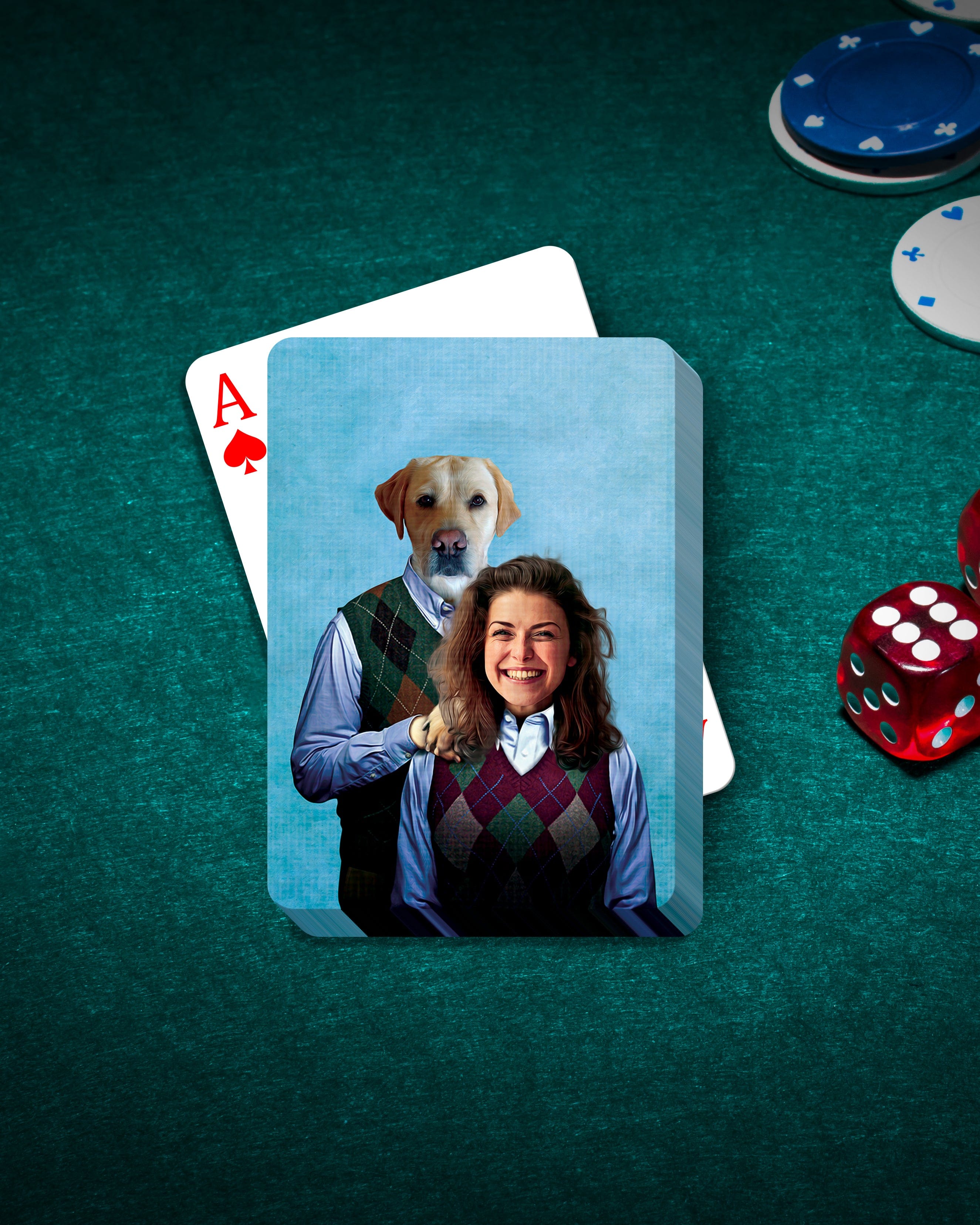Custom playing cards featuring a personalized portrait of a dog and a woman in matching argyle sweaters.