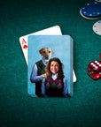 Custom playing cards featuring a personalized portrait of a dog and a woman in matching argyle sweaters.