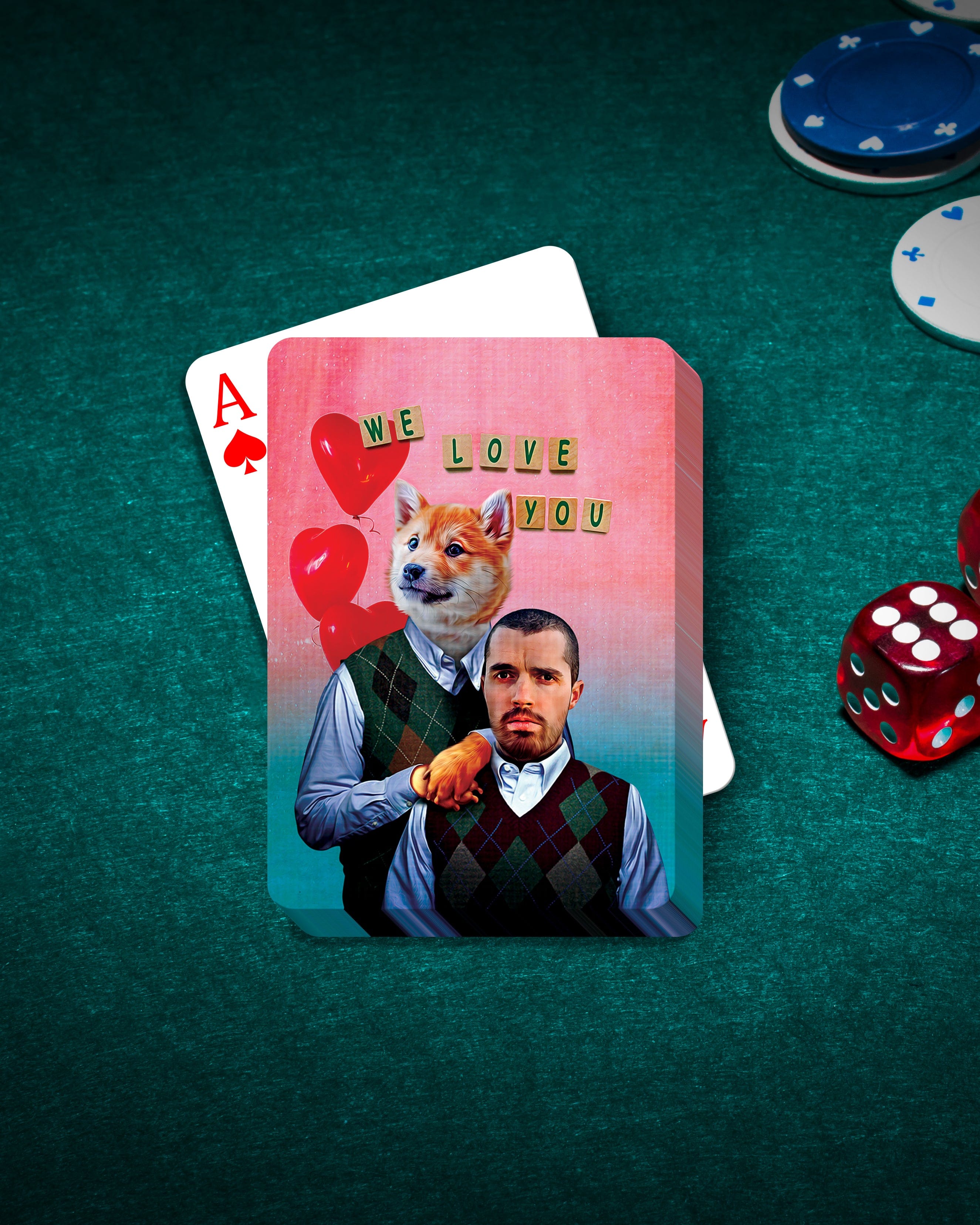 Personalized playing cards featuring a custom dog and human portrait in argyle sweaters with "We Love You" text.