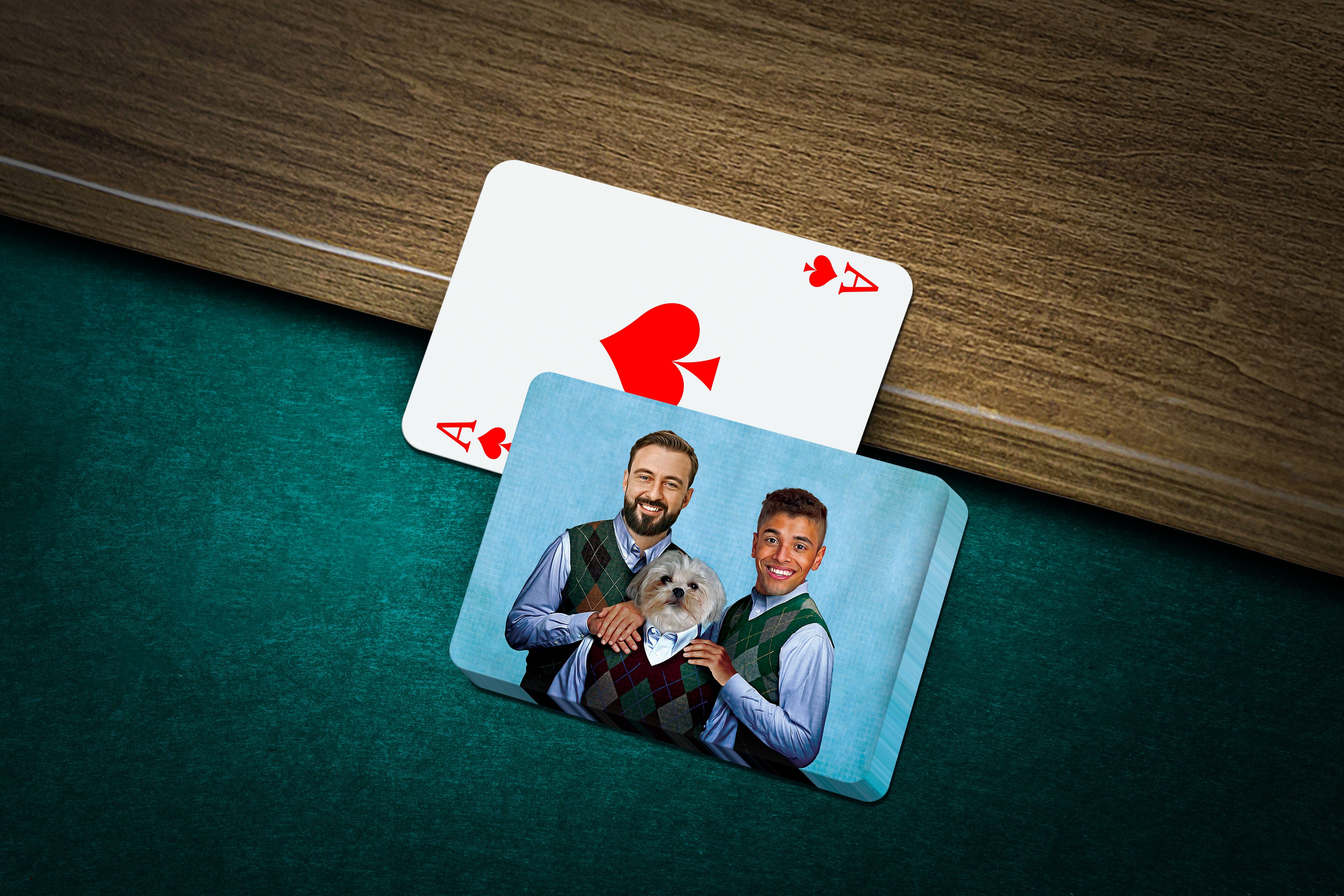 Personalized playing cards featuring two men and a dog in a "Step Doggo/Humans" style.