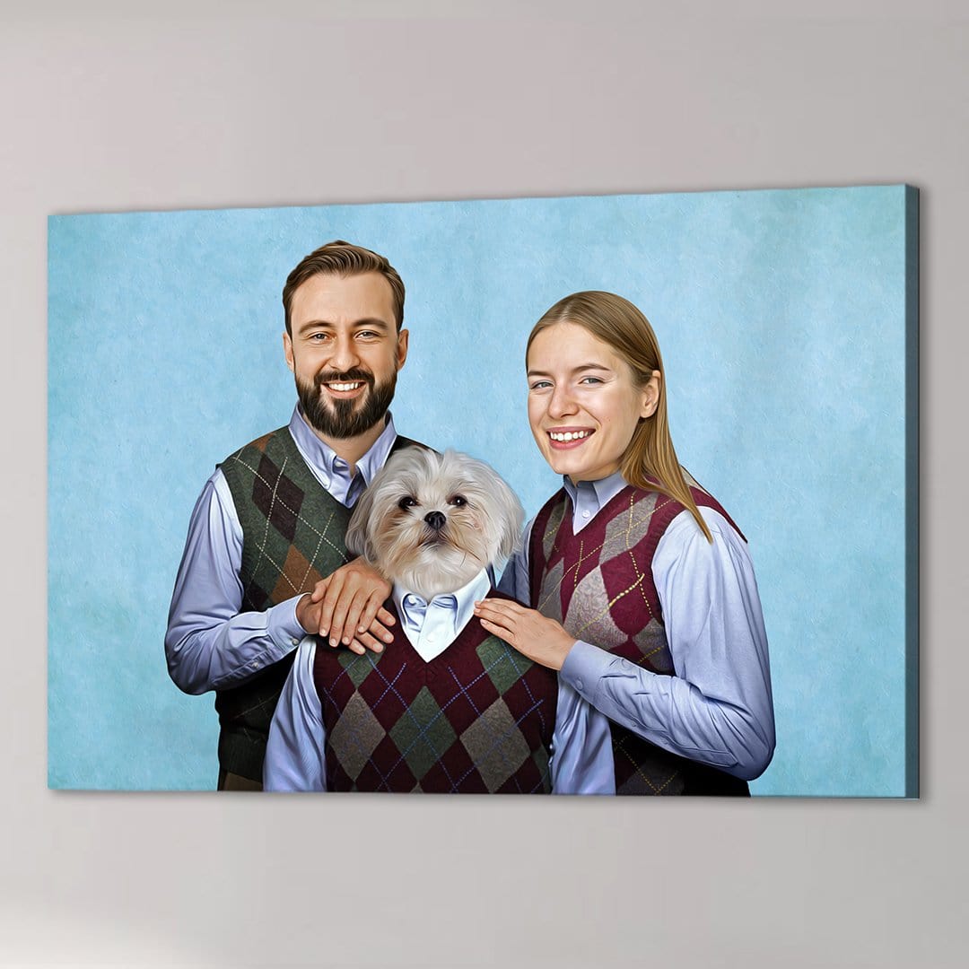 Personalized canvas portrait of a couple and their white dog wearing matching argyle sweater vests.