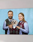 Personalized canvas portrait of a couple and their white dog wearing matching argyle sweater vests.