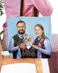 Personalized tote bag with a custom portrait of a man, woman, and white dog in matching argyle vests.