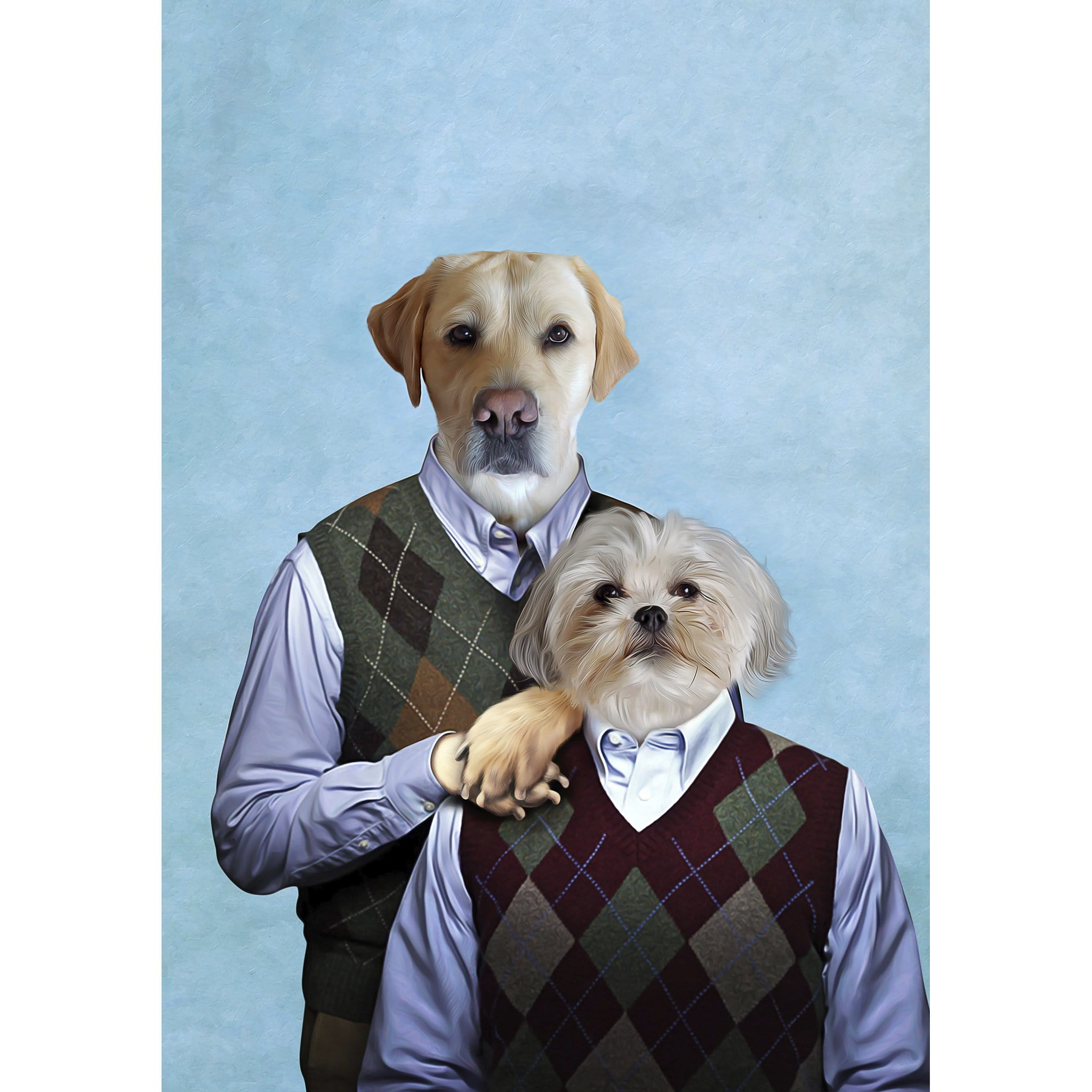 Custom digital portrait of two pets, a yellow lab and a Shih Tzu, wearing argyle sweater vests.